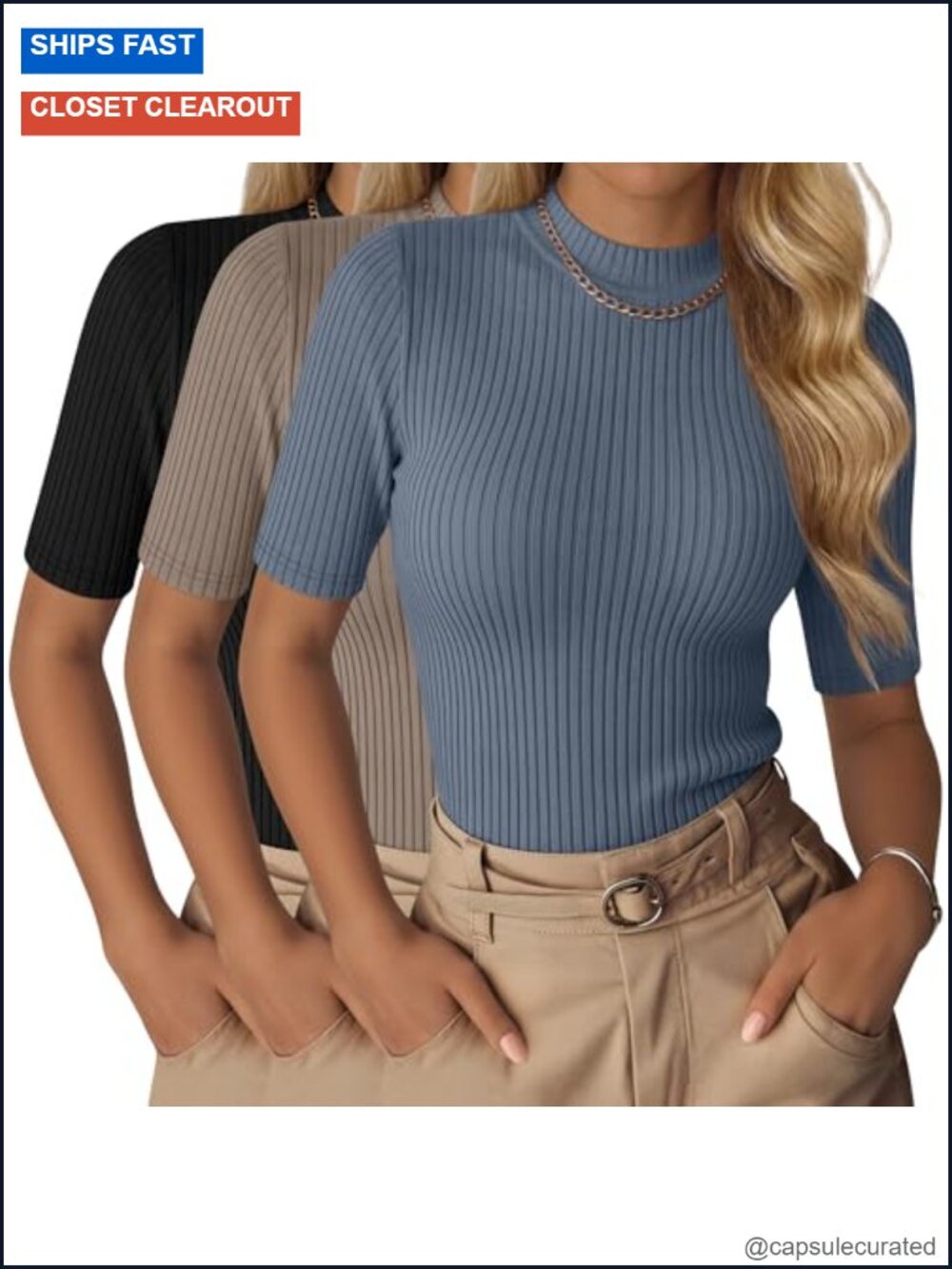 3 Pack Women's Mock Neck Tops Ribbed Half Sleeve Dressy Work Shirts